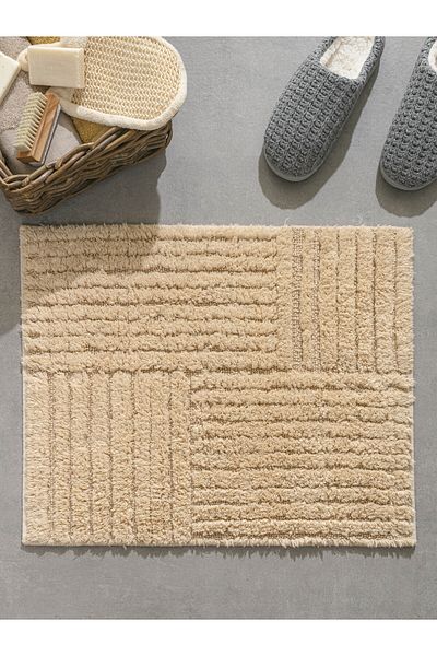 SARAZ HALI Macro Mira Beige - 100% Cotton Extra Soft Long Feather Bath Mat 50X80