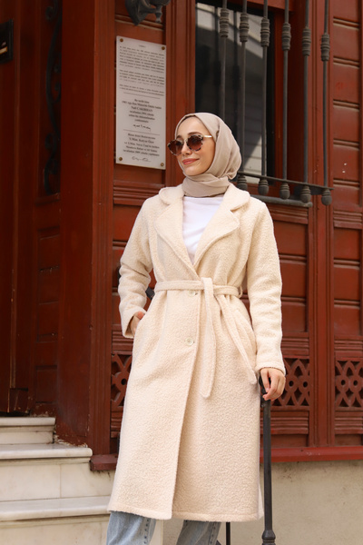 tumabutik Uzun belden bağlamalı kaşe kaban