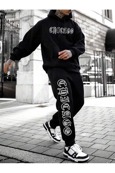 YUVEST BLACKROCK Black CHICAGO Printed Hooded Sweatshirt and Sweatpants Tracksuit Set