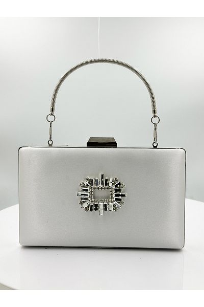 Biçanta Mother of Pearl Εκρού Χρώμα Σατέν Ασημένια Θήκη με Ασημένια Πέτρα Βραδινό Φόρεμα Τσάντα Βραδινή Τσάντα Αρραβωνιαστικό Γάμου
