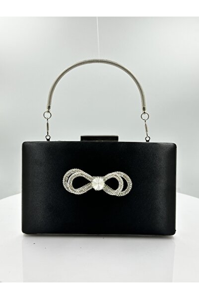 Biçanta Geantă elegantă neagră din material satin cu carcasă argintie și piet...