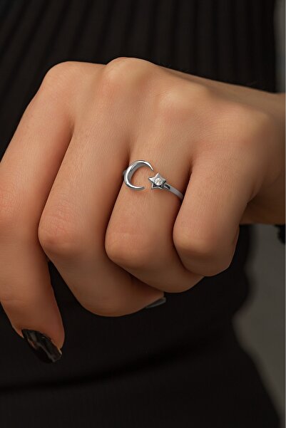 SUNSHINE 925 Ayar Rodyum Kaplamalı Beyaz Taşlı Ay Yıldız Gümüş Yüzük