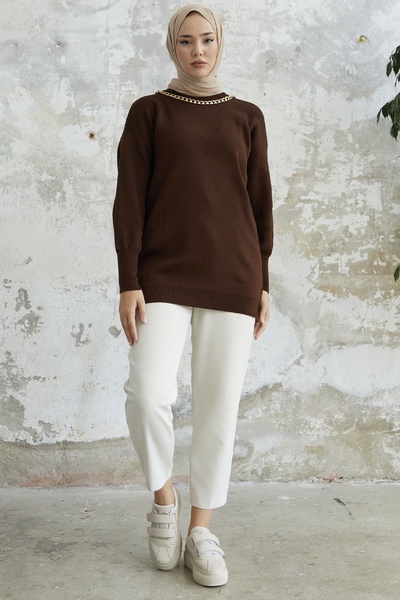InStyle Sera Chain Detailed Knitwear Sweater - Bitter Brown