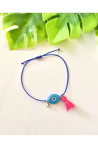Atelier Çağla Blue Glass Eye Evil Eye Bead Pink Tassel Blue Bracelet