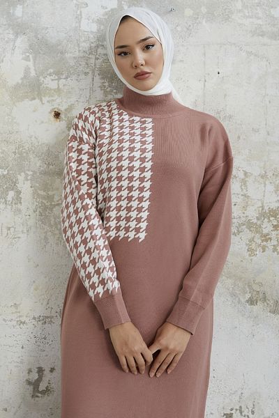 InStyle Amelya Sleeve Houndstooth Patterned Knitwear Dress - Dusty Rose