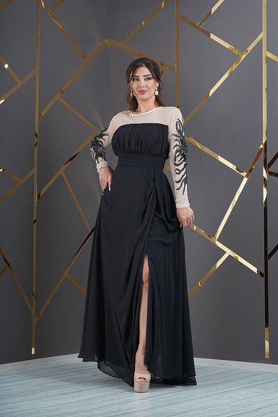 Matik Abiyem Chiffon Design Sleeves Jewelled Pleated Long Dress Evening Dress
