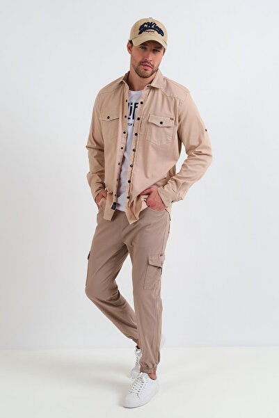 Rodi Jeans Erkek Bej Beli Ve Paçası Lastikli Kargo Cepli Keten Jogger Pantolon