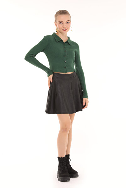 mor butik Bluză tricotată elastică, cu guler polo, cu butoane, verde smarald, cu detaliu pentru corp, day01001