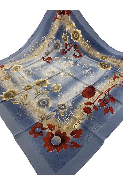 MİRAY EŞARP Miray 100% Pure Silk 90cm X 90cm Flower Pattern Indigo Blue Scarf E-42