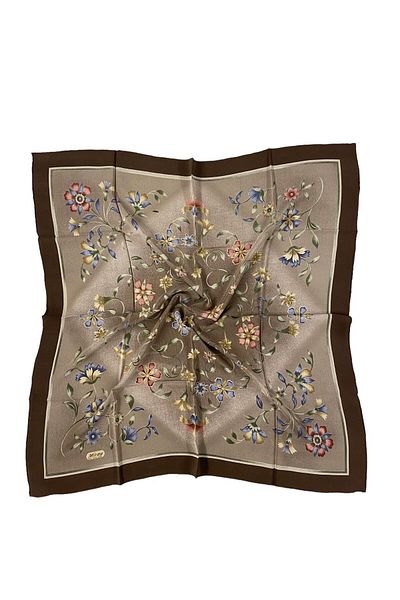 MİRAY EŞARP Miray 100% Pure Silk 90cm X 90cm Flower Pattern Brown Scarf E-63
