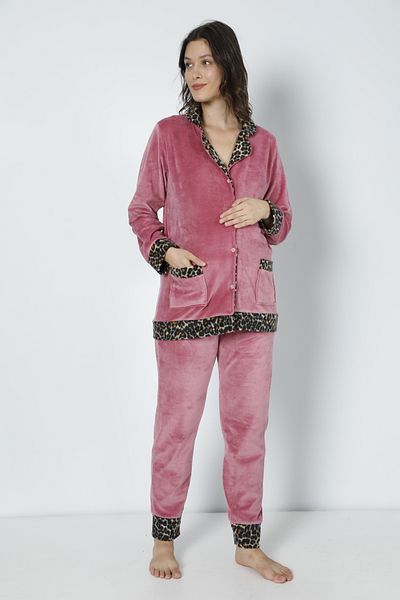 Miss Dünya Lissa Dried Rose Front Buttoned Velvet Maternity and Maternity Pajamas Set