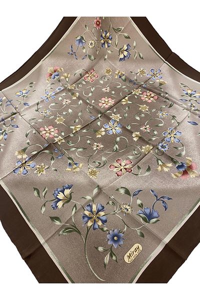 MİRAY EŞARP Miray 100% Pure Silk 90cm X 90cm Flower Pattern Brown Scarf E-63