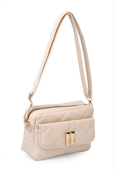 ARTON Women's Cream Buzi Leather Quilted Buckle Detailed Shoulder Bag