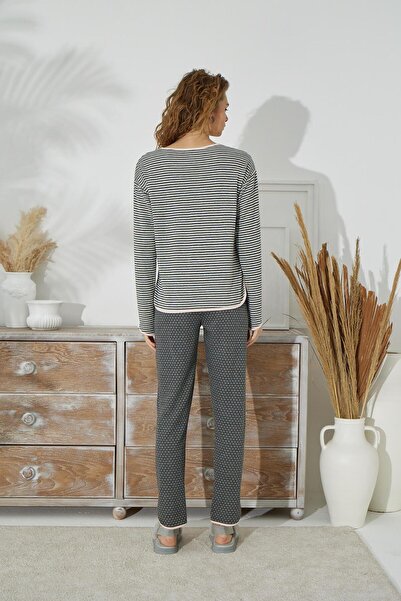 Sevim Жіночий комплект піжами з довгими рукавами, з жакардовим візерунком, темно-сірий C1T4N9O84