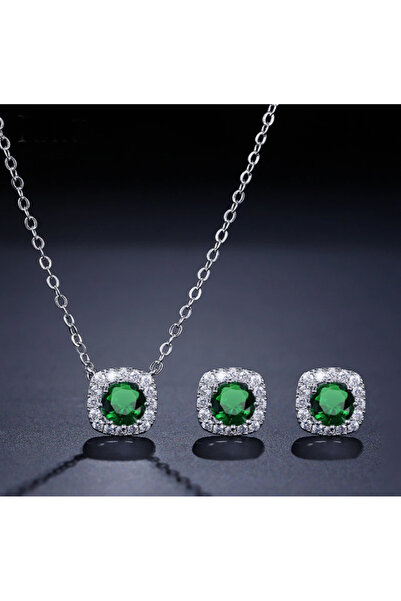 Monemel Yeşil Taşlı Kolye Ve Küpe Set