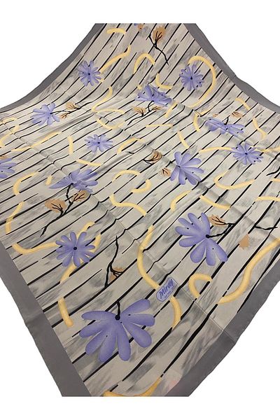 MİRAY EŞARP Miray 100% Pure Silk 90cm X 90cm Patterned Gray Scarf E-45