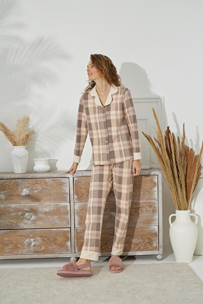 Sevim Μακρυμάνικο πουκάμισο με γιακά μπροστινό κουμπί καρό σετ πιτζάμες σολομού C1T49NO14