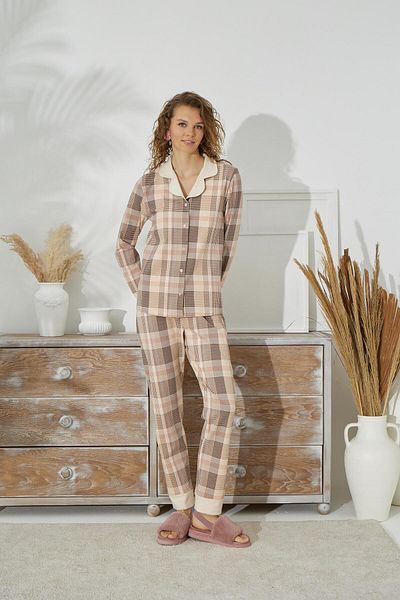 Sevim Set pijamale cu mânecă lungă, guler de cămașă, cu nasturi în față, în carouri, somon C1T49NO14