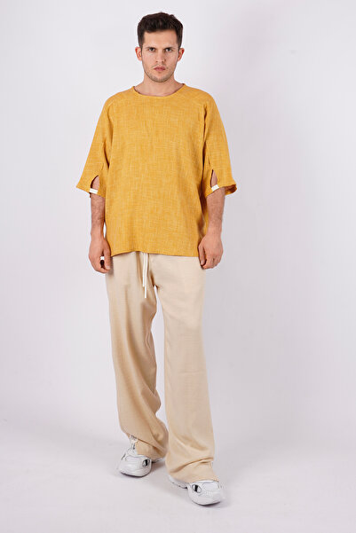 LoFiBuy Unisex Ayrobin Hardal Oversize Düğmesiz Rahat Kalıp Gömlek