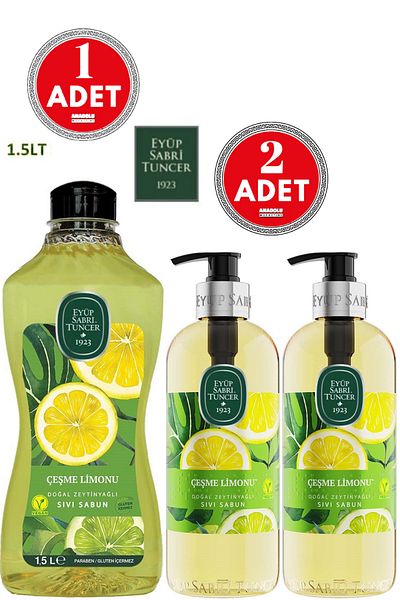 Eyüp Sabri Tuncer Çeşme Lemon Natural Olive Oil Liquid Soap 500 ml 2 PCS + 1.5 LT 1 PCS