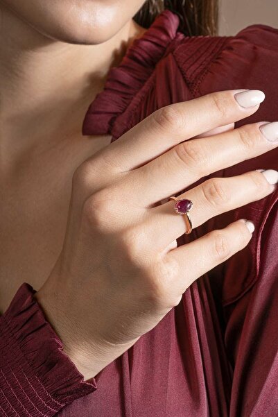 Takıdepo Doğal Yakut Taşlı Minimal Gümüş Ayarlanabilir Kadın Yüzük-rose Rengi