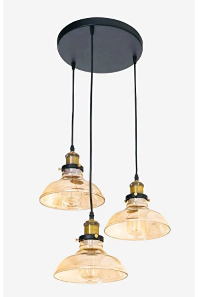 RİOLİGHT RİOLIGHT RETRO2,RUSTİK,VİNTAGE BAL CAMLI SİYAH METAL GÖVDE 3XE27 DUYLU SARKIT AVİZE ÇAP:30CM