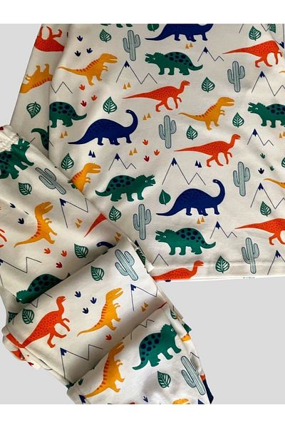 elmas kids Boy's Colorful Dinosaur Patterned 100% Cotton Pajama Set