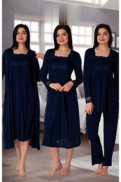 Lohussa Kadın Lacivert Dantelli Uzun Kollu Pamuklu Hamile Lohusa Sabahlık Pij...