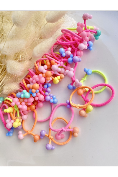SHEKER HOME 8 Li Mickey Figürlü Neon Renkli Boncuklu Lastik Toka