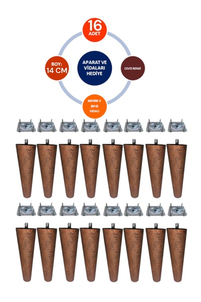 Vera Hediyelik Eşya 16 'lı Ceviz Renk 14 Cm Ahşap Konik Ayak Gürgen Koltuk Ay...