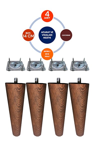 Vera Hediyelik Eşya 4'lü Ceviz Renk 14 Cm Ahşap Konik Ayak Gürgen Koltuk Ayağ...