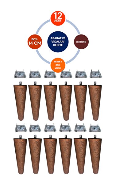 Vera Hediyelik Eşya 12'li Ceviz Renk 14 Cm Ahşap Konik Ayak Gürgen Koltuk Aya...
