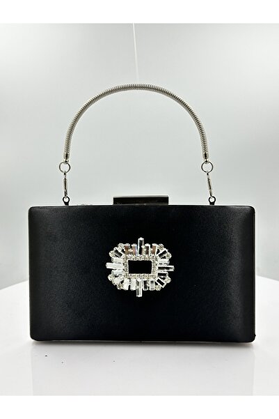 Biçanta Geantă elegantă neagră din material satin cu carcasă argintie și piet...