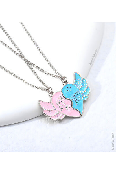 BearPear Sister Mıknatıslı Abla Kardeş Kolyesi Simli Kalpli Kardeşlik Kolye