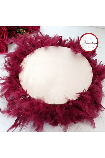 Gelincimherşey Burgundy Furry 27 Cm Diameter Leather Tambourine for Bride