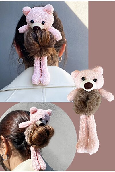 NİLZ Pembe Renk Kahverengi Peluş Detaylı Ayıcık Figürlü Simit Toka