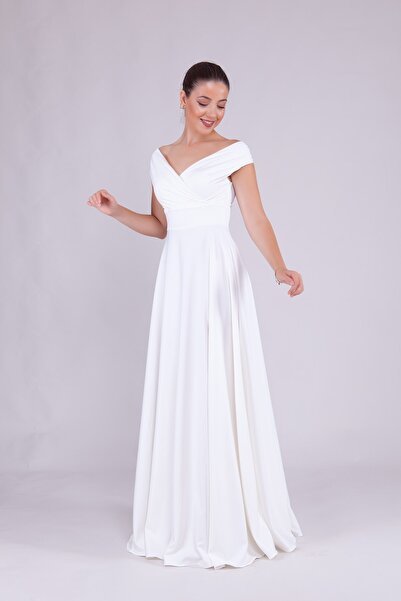 lovebox Ευέλικτο υφασμάτινο σκάφος με διπλό στήθος με λαιμόκοψη με χαμηλού στήθους ώμους με φαρδύ κομμένο μάξι μήκος σε συν μέγεθος Λευκό βραδινό φόρεμα 237