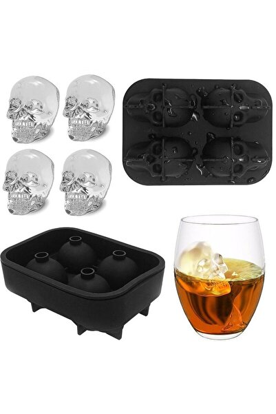 BEYZANA 4'lü Kuru Kafa Şekilli Buz Kalıbı 3 Boyutlu Kokteyl Viski Kafatası Şe...