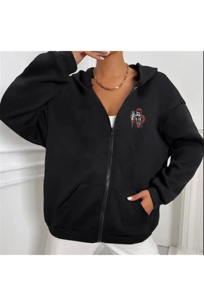 Le Savu Itachi με τύπωμα oversized Ζακέτα με φερμουάρ μαύρο χρώμα Unisex με κ...