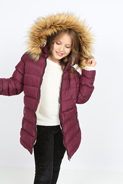 Transacoustic Kız Çocuk Mor Ekstra Yumuşak Dolumlu Gümüş Fermuarlı Peluşlu Kapüşonlu İçi Suni Kürklü Kaban Mont