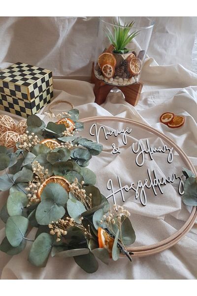 PORTAKAL HANDMADE Διακοσμητικό Στολίδι Πόρτας Ξηρό Λουλούδι Ευκάλυπτος Πορτοκαλί Τούλι με Τροχαλία