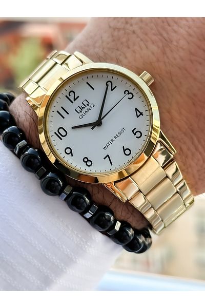 Q&Q Gold Yellow, Steel Strap, Water Resistant, Men's Wristwatch with Numerals + bracelet