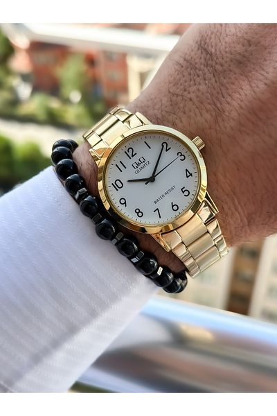 Q&Q Gold Yellow, Steel Strap, Water Resistant, Men's Wristwatch with Numerals + bracelet