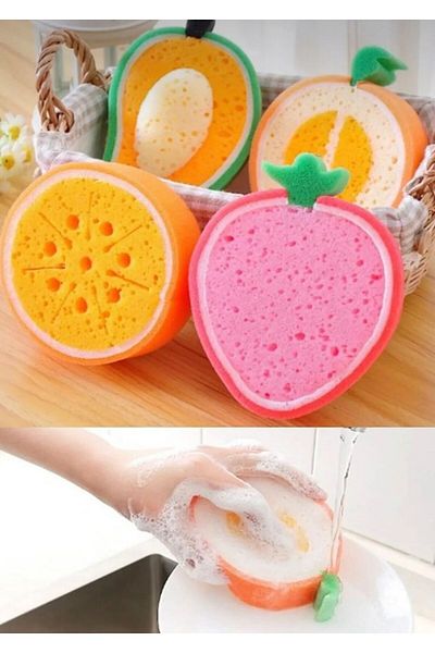 BLUE SİDE 2 Pieces Fruit Shaped Cute Dishwashing Sponge Scrubbing Wiping Soft Cleaning Sponge Brush Dishwashing Set of 4