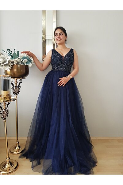 FERGAN فستان سهرة نسائي بتصميم خاص برباط خلفي مطرز بالأحجار باللون الأزرق الداكن