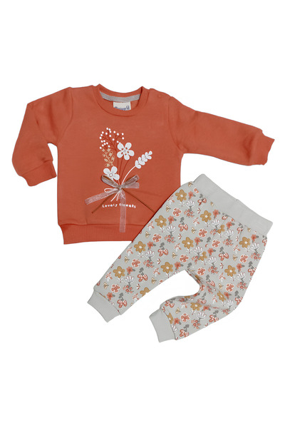 Miniworld Florist Baby Girl 2-Piece Set - Floral Printed, Ribbon Detailed Sweat, Flower Pattern Trousers