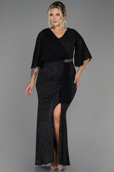 Abiyefon Black-Silver Short Sleeve Long Glitter Plus Size Evening Dress ABU2857