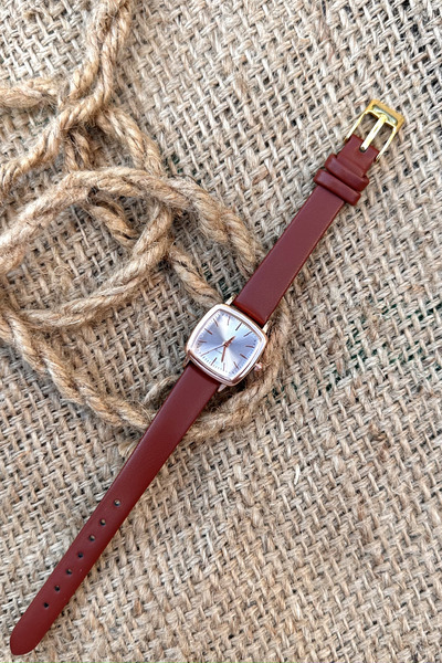 pierrose Bordo Deri Kordon Vintage Minimal Kare Kadın Kol Saati