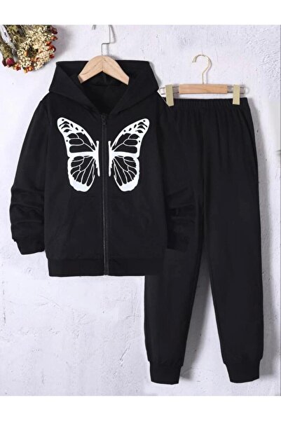 Renna Mood Black and White Butterfly Printed Girls/Boys Cardigan Tracksuit Set