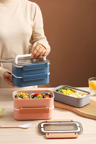 Vagonlife New Generation Bento Lunch Box - Double Layer, Stainless Steel, 4 Compartments, for Office-School Expedition F494